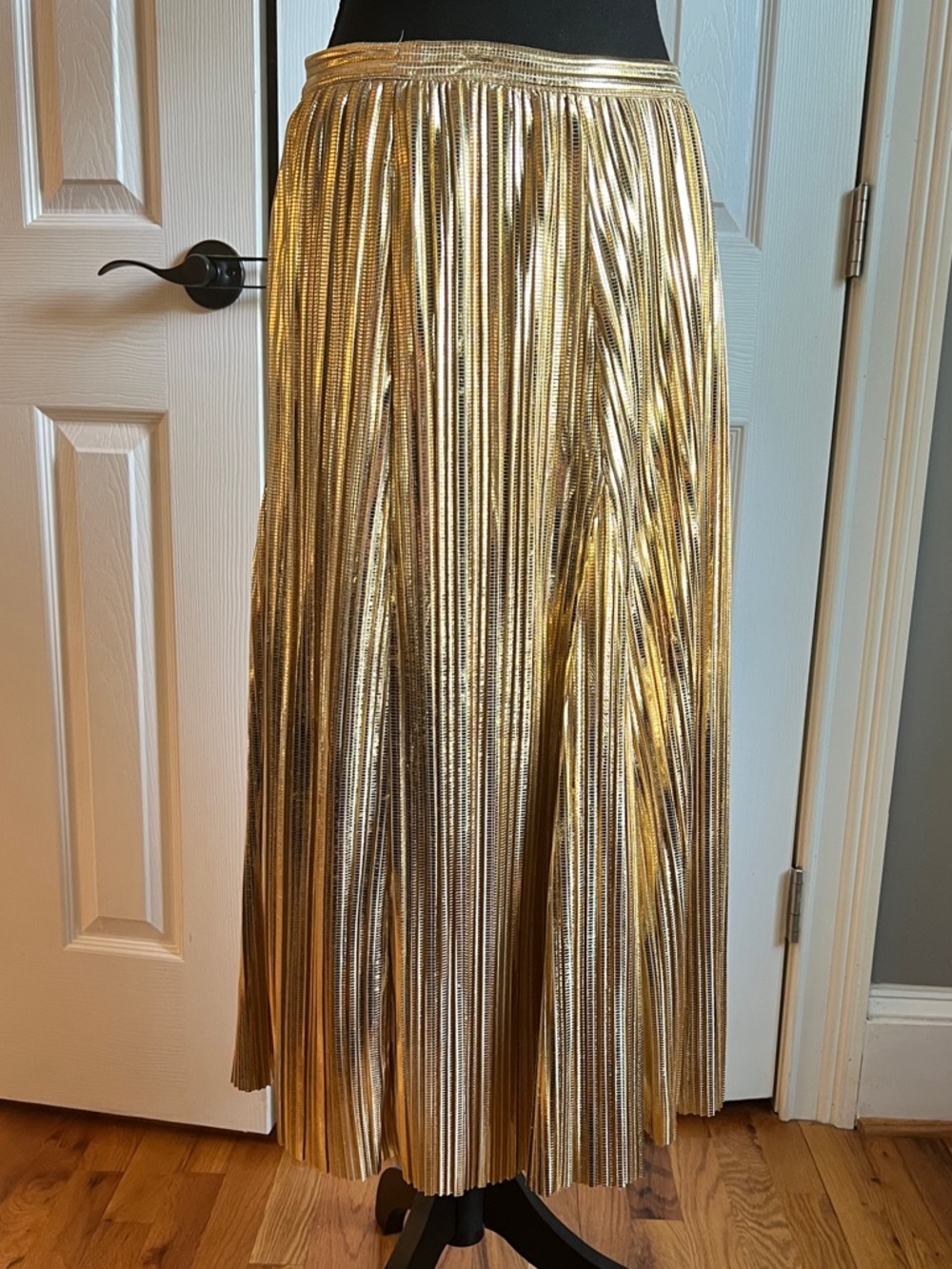 Maeve Metallic Gold Pleated Midi Skirt